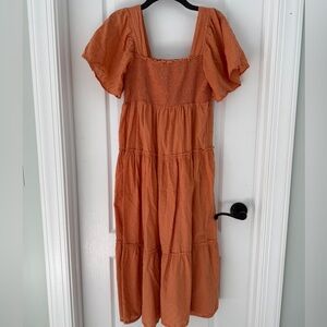 Midi Orange Puff Sleeve Cotton Dress